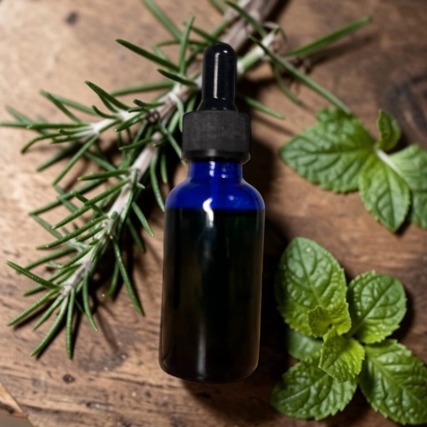 A 1 oz cobalt blue glass dropper bottle of BeakerGold Rosemary Mint Botanical Scalp & Hair Oil.