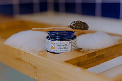Honey and Matcha Face Mask on wood BeakerGold