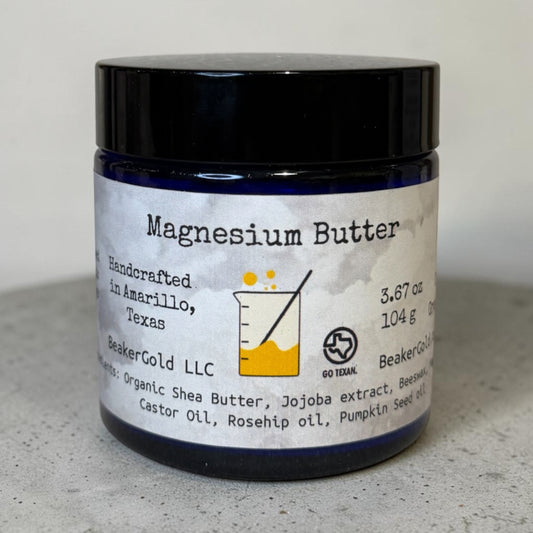 Dark Blue Jar of BeakerGold Unscented Botanical Magnesium Body Butter for sensitive skin and muscle relief