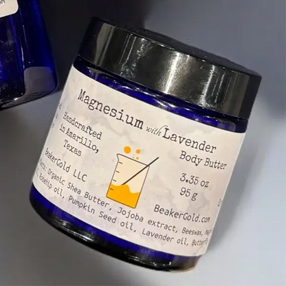 BeakerGold Lavender & Magnesium Body Butter jar infused with pure lavender essential oil for sleep