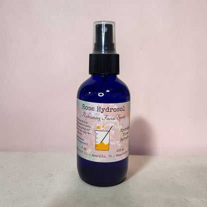 4 oz eco-friendly frosted glass vanity bottle of BeakerGold Rose Hydrosol facial toner