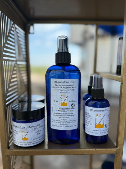100% Pure Zechstein Magnesium Oil Spray bottle and jar on a golden shelf